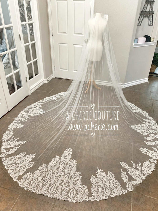 Beaded & Sequin Scroll Lace Cathedral Veil - A.Cherie Couture Shop
