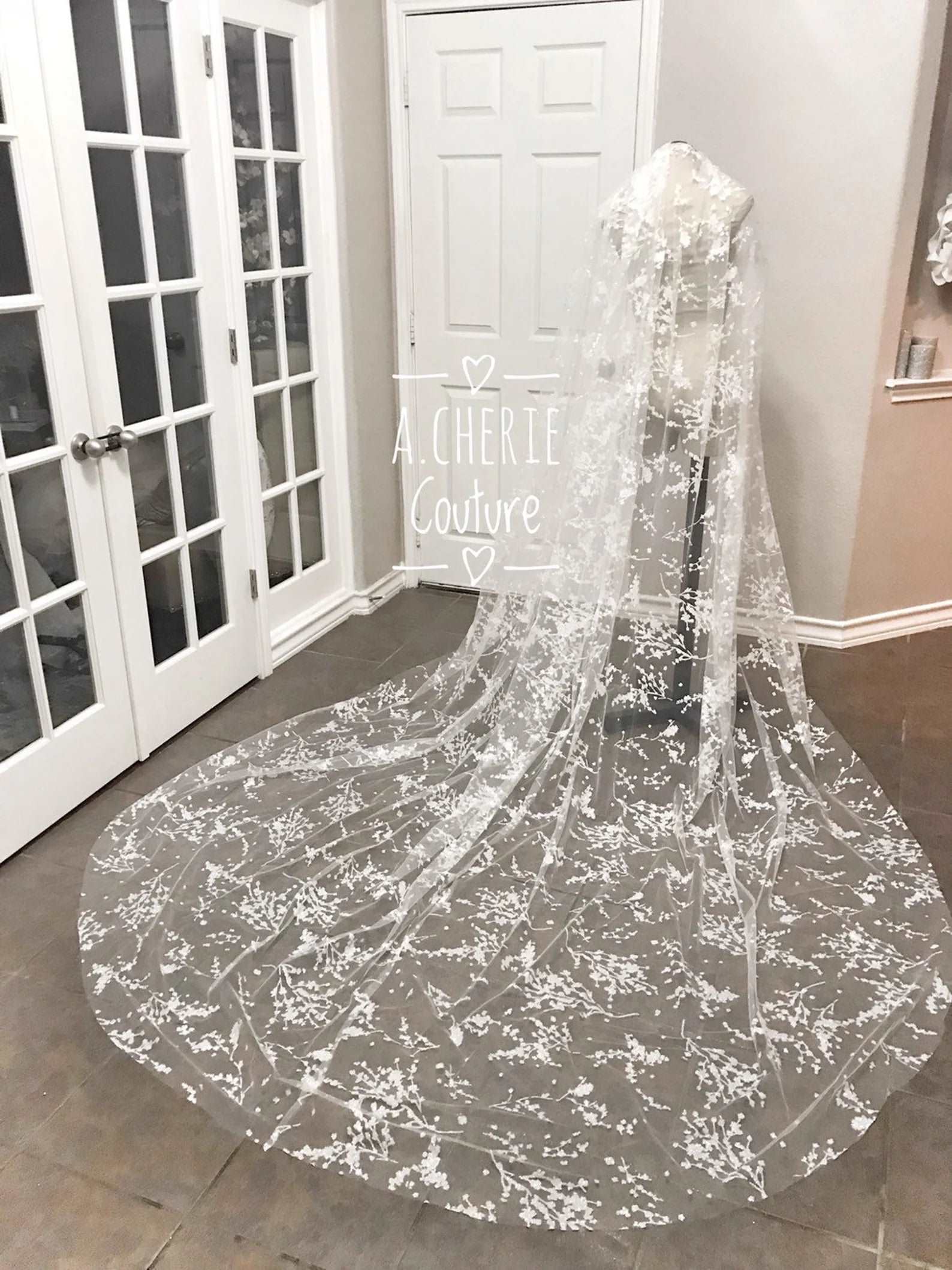 Floral Glitter Tulle Cathedral Veil - A.Cherie Couture Shop