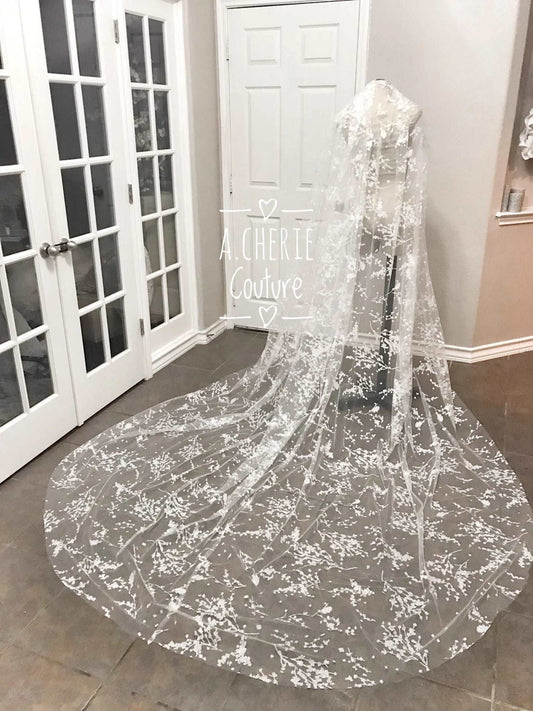 Floral Glitter Tulle Cathedral Veil - A.Cherie Couture Shop