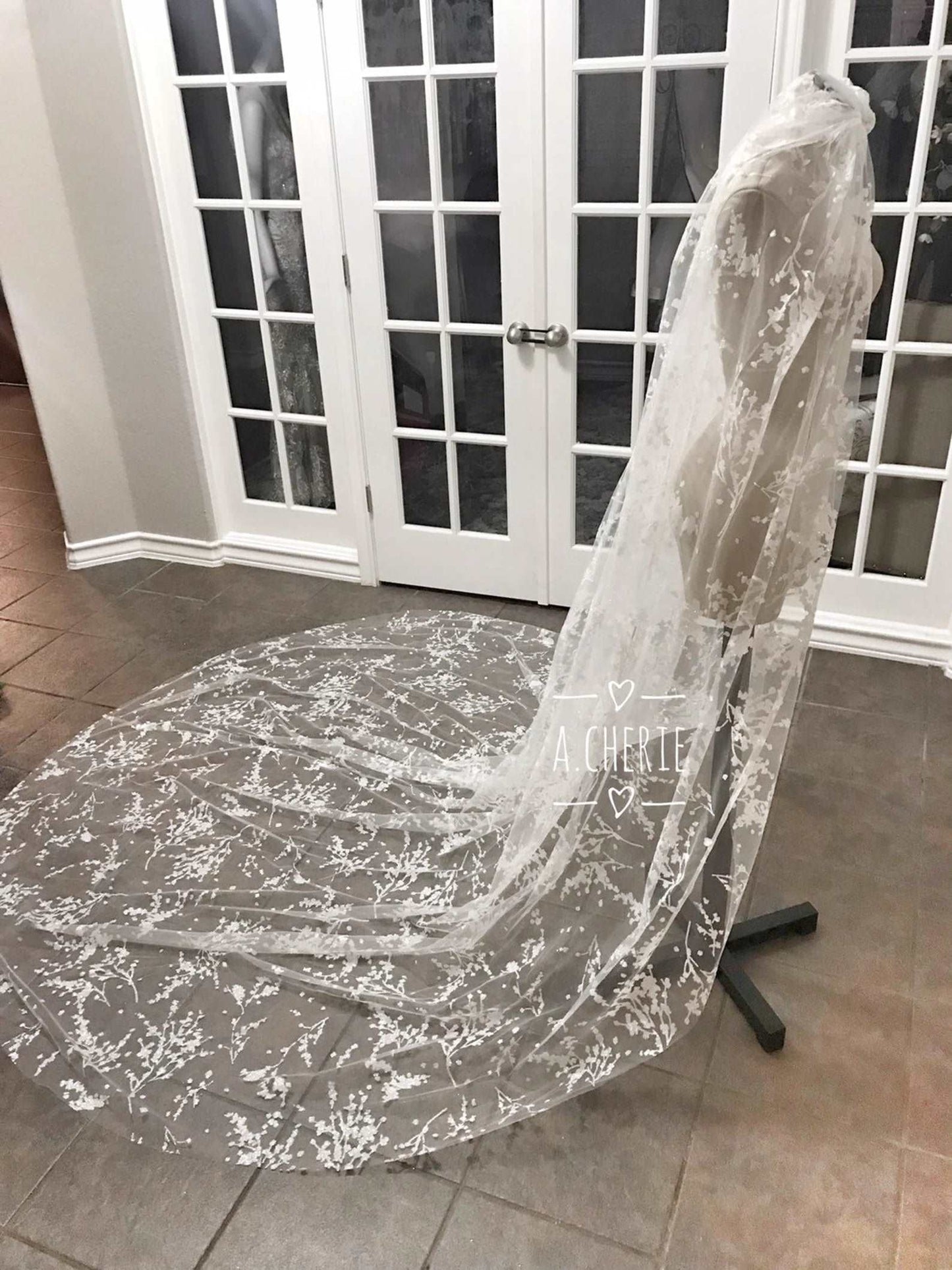 Floral Glitter Tulle Cathedral Veil - A.Cherie Couture Shop