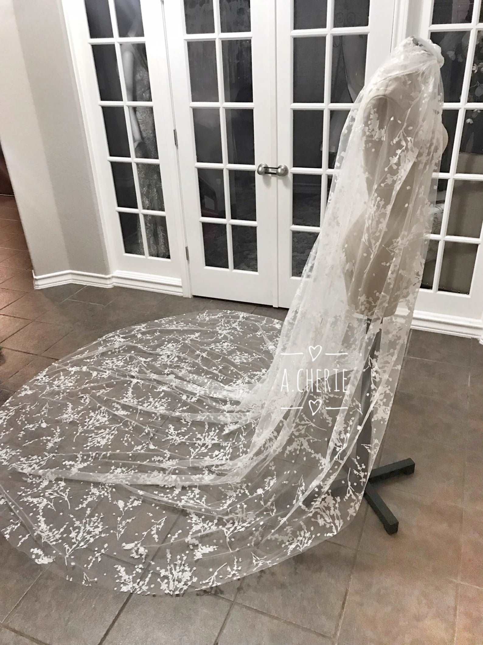 Floral Glitter Tulle Cathedral Veil - A.Cherie Couture Shop