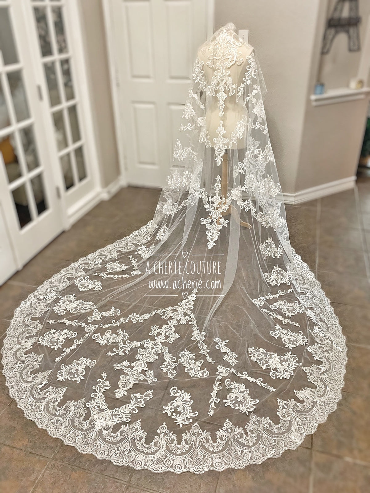 Style CV32 Wide Scallop Edge Scroll Lace Cathedral Veil - A.Cherie Couture Shop