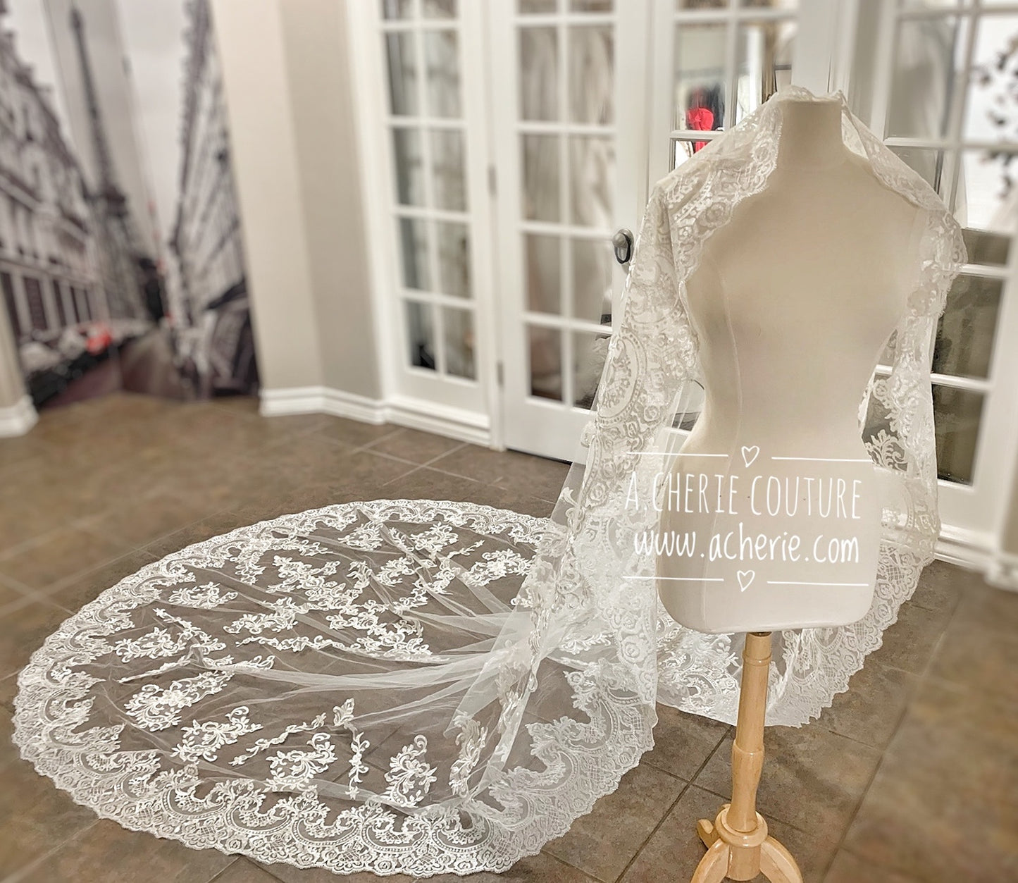 Style CV32 Wide Scallop Edge Scroll Lace Cathedral Veil - A.Cherie Couture Shop