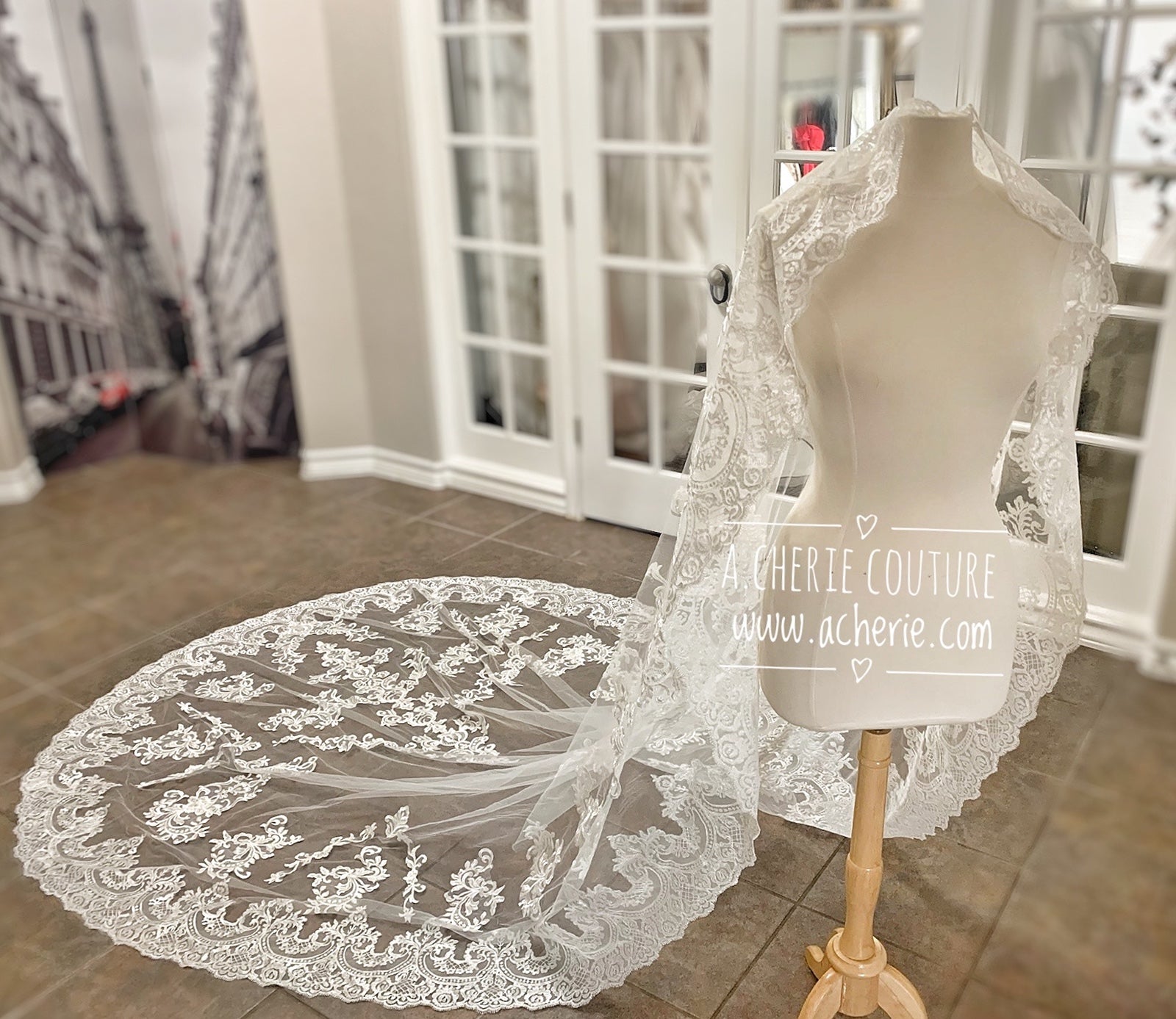 Style CV32 Wide Scallop Edge Scroll Lace Cathedral Veil - A.Cherie Couture Shop
