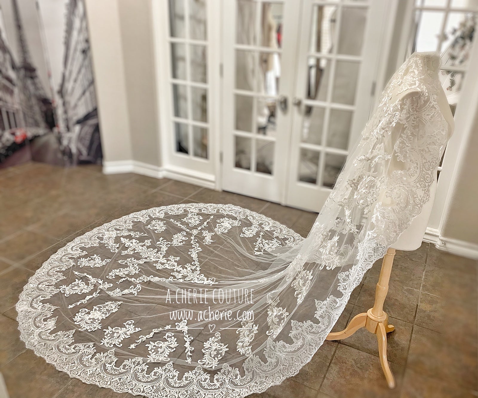 Style CV32 Wide Scallop Edge Scroll Lace Cathedral Veil - A.Cherie Couture Shop