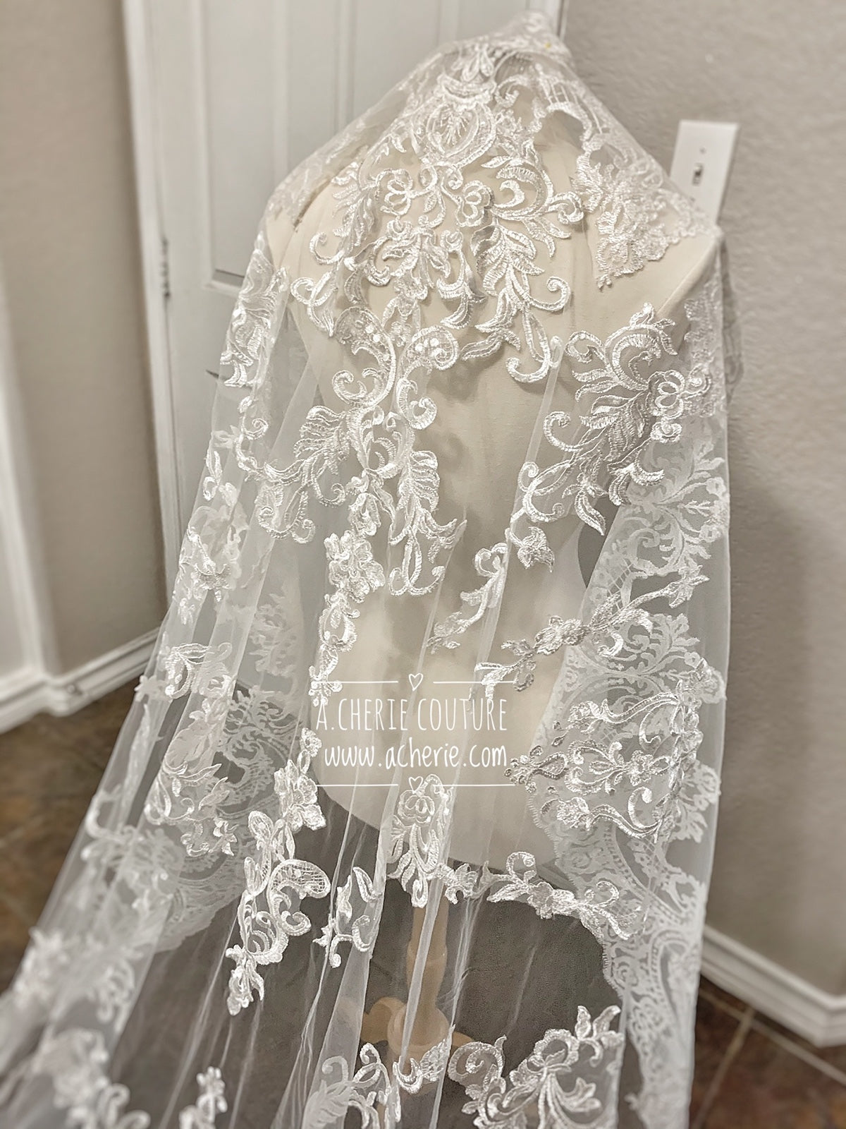 Style CV32 Wide Scallop Edge Scroll Lace Cathedral Veil - A.Cherie Couture Shop