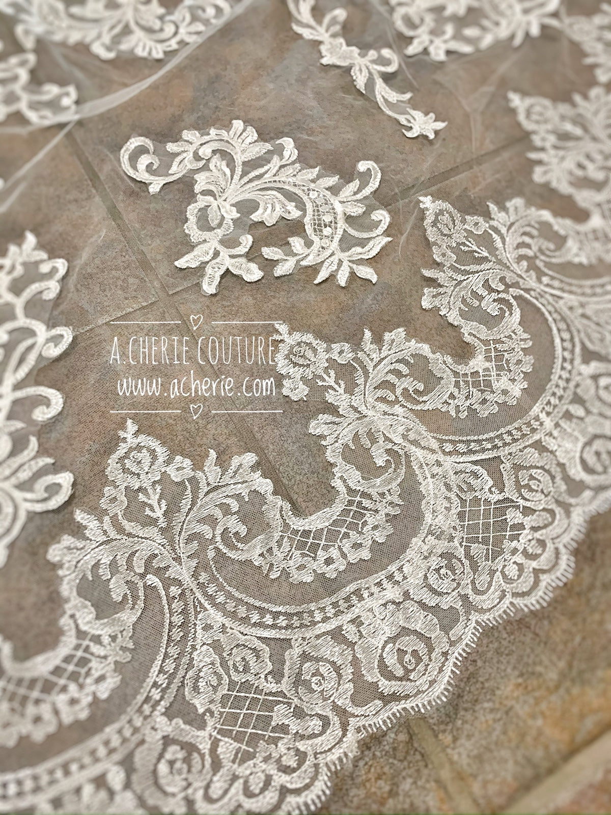 Style CV32 Wide Scallop Edge Scroll Lace Cathedral Veil - A.Cherie Couture Shop