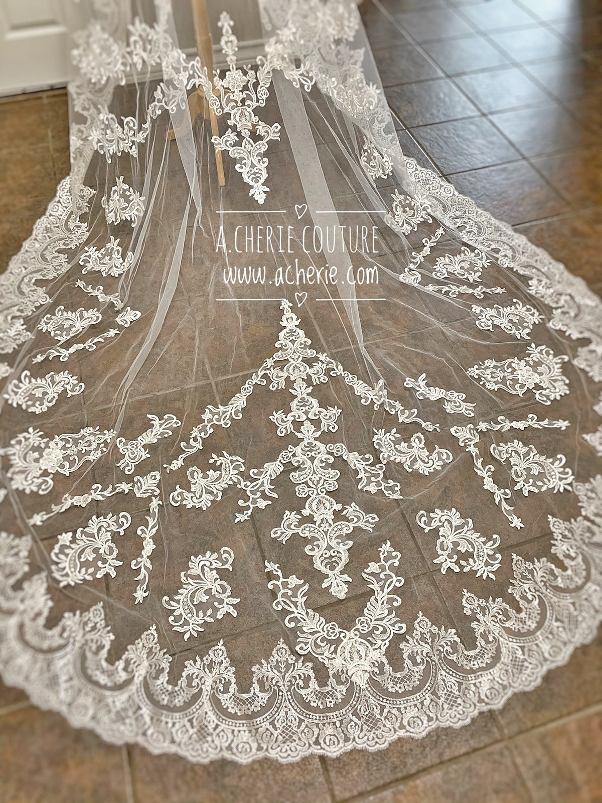 Style CV32 Wide Scallop Edge Scroll Lace Cathedral Veil - A.Cherie Couture Shop