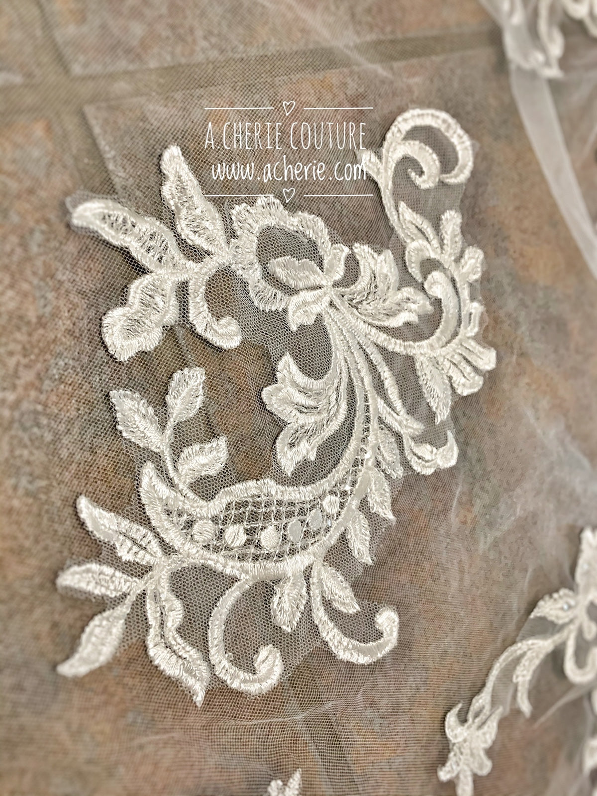 Style CV32 Wide Scallop Edge Scroll Lace Cathedral Veil - A.Cherie Couture Shop