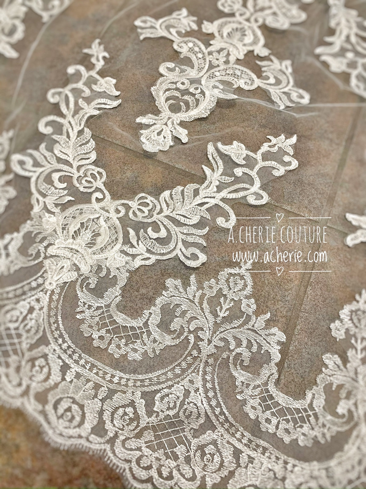 Style CV32 Wide Scallop Edge Scroll Lace Cathedral Veil - A.Cherie Couture Shop