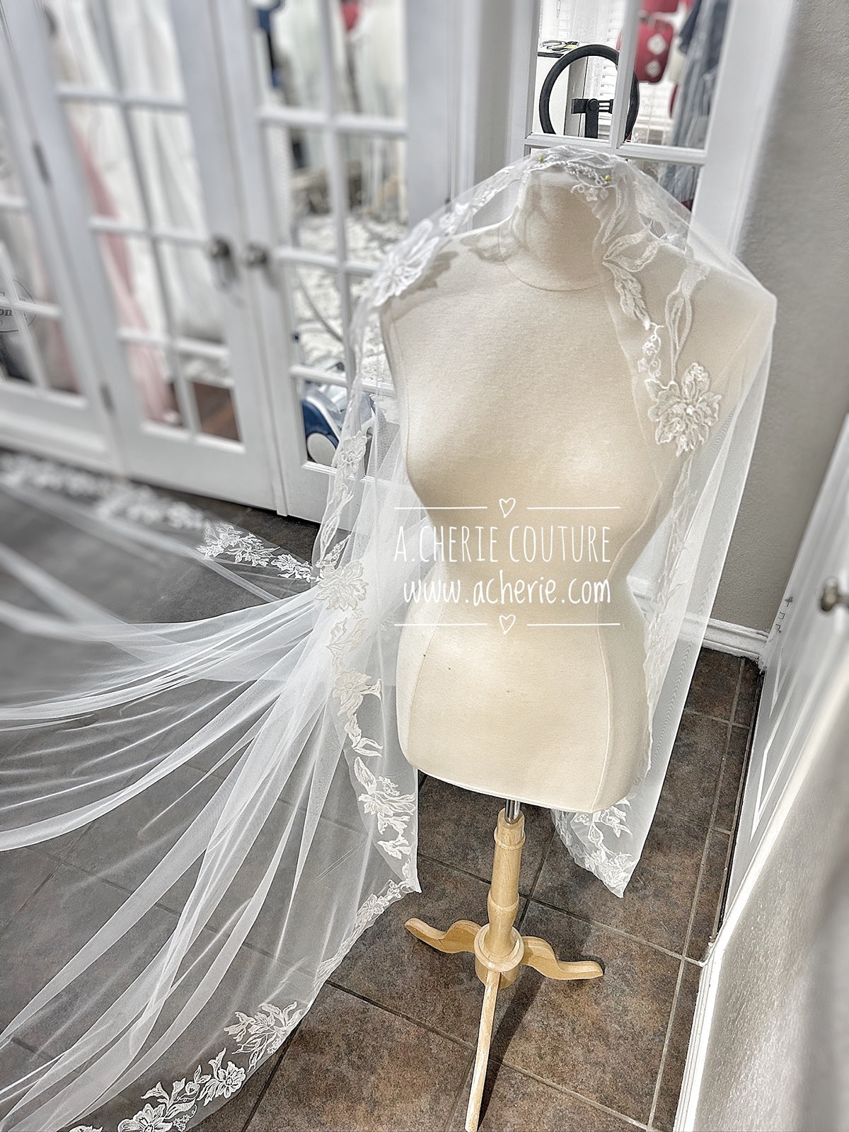 Style CV34 Embroidered Floral Lace Edge Cathedral Veil - A.Cherie Couture Shop