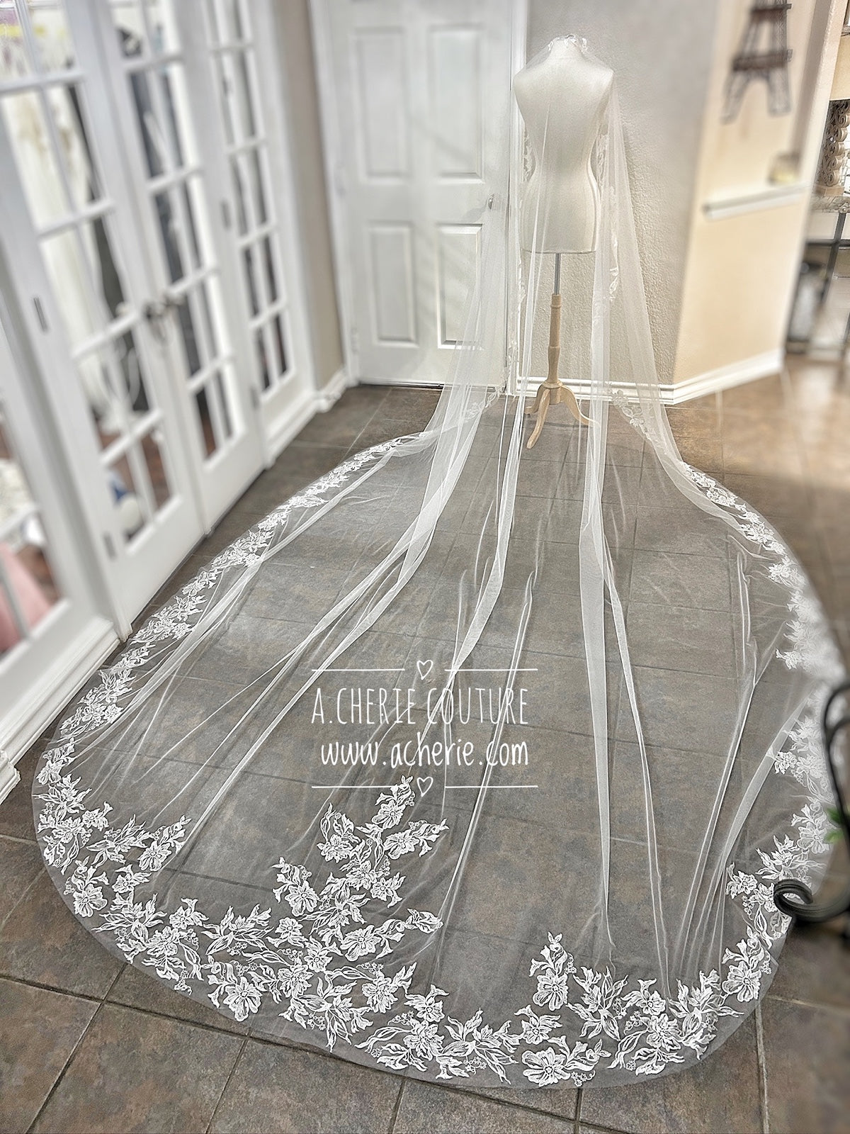 Style CV34 Embroidered Floral Lace Edge Cathedral Veil - A.Cherie Couture Shop