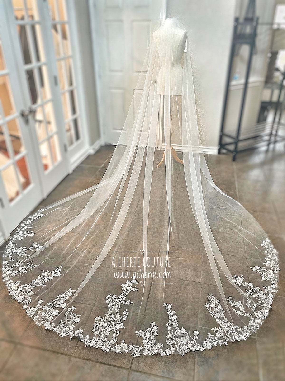 Style CV37 Sequin Floral Lace Cathedral Veil - A.Cherie Couture Shop