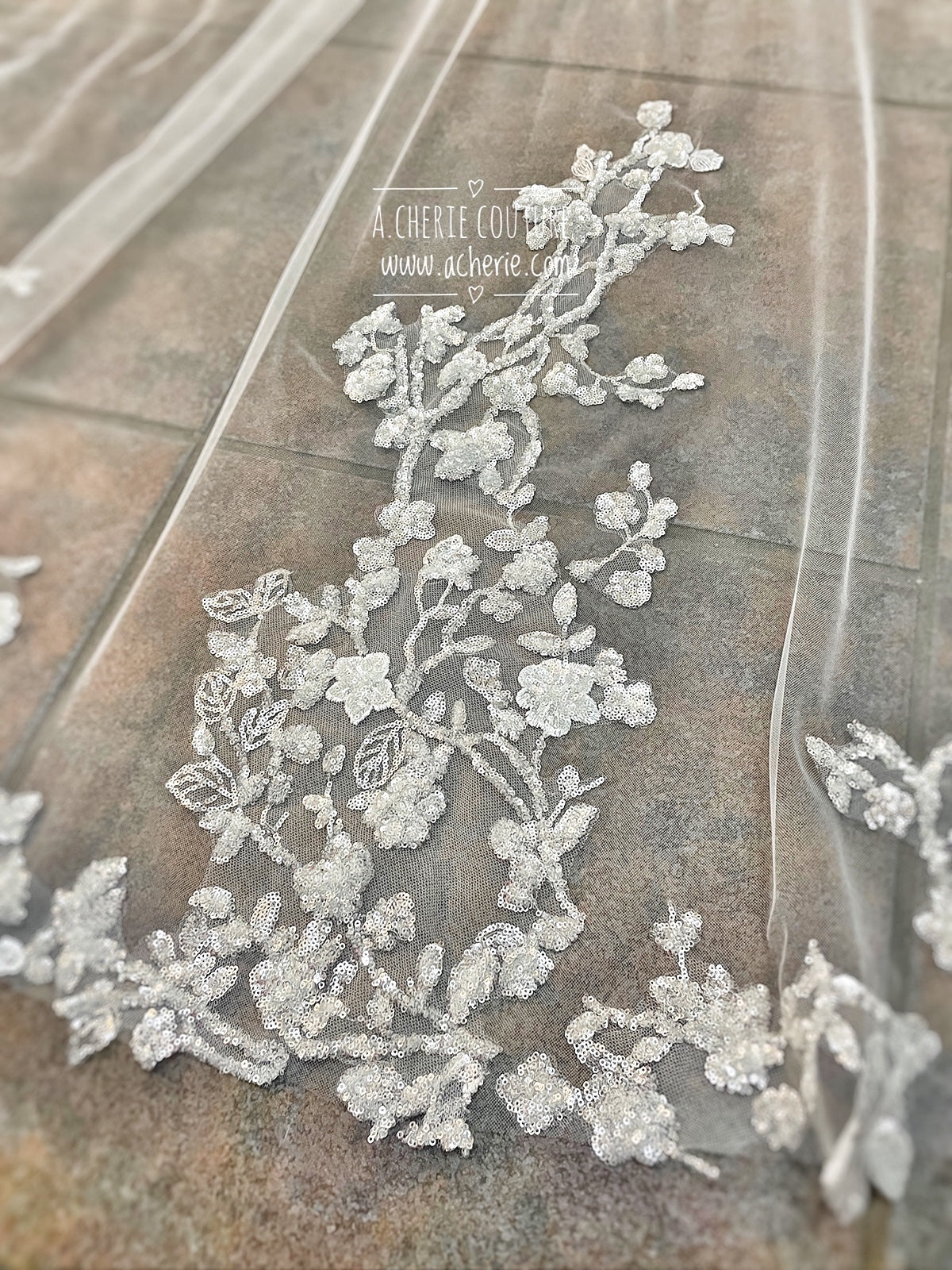 Style CV37 Sequin Floral Lace Cathedral Veil - A.Cherie Couture Shop