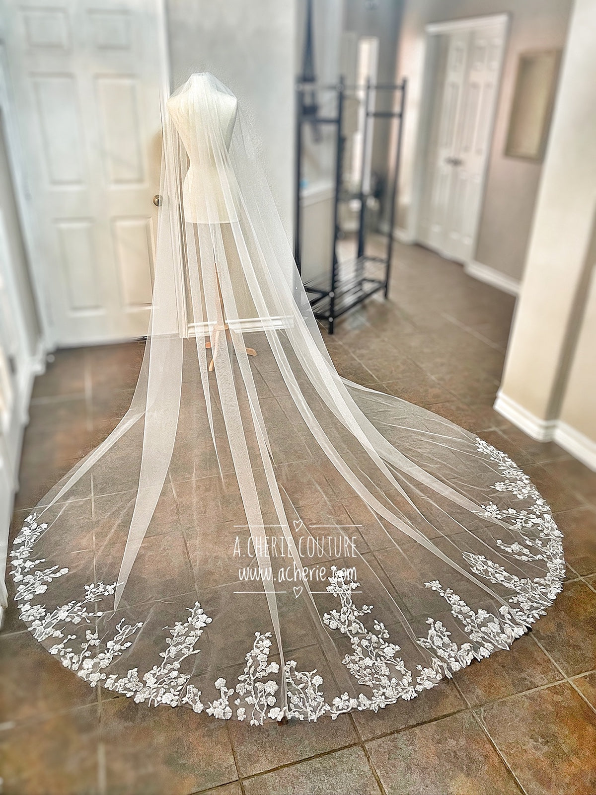 Style CV37 Sequin Floral Lace Cathedral Veil - A.Cherie Couture Shop