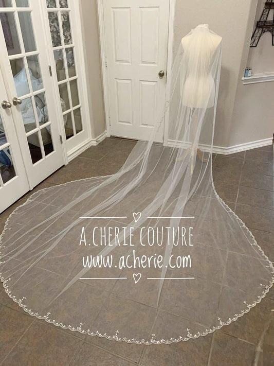 Art Deco Rhinestone Beaded Scallop Royal Veil - A.Cherie Couture Shop