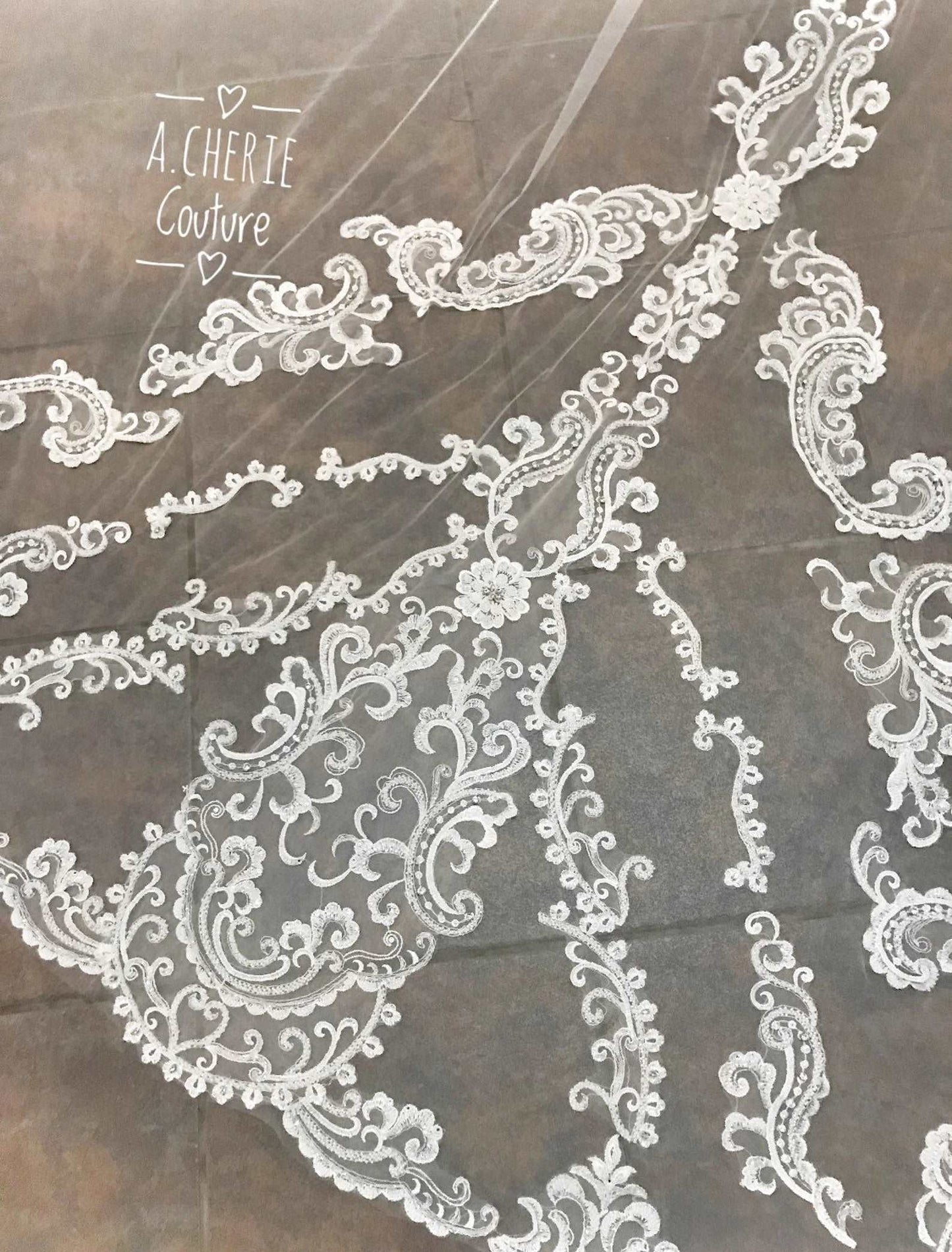 Beaded Scroll Lace Royal Veil - A.Cherie Couture Shop