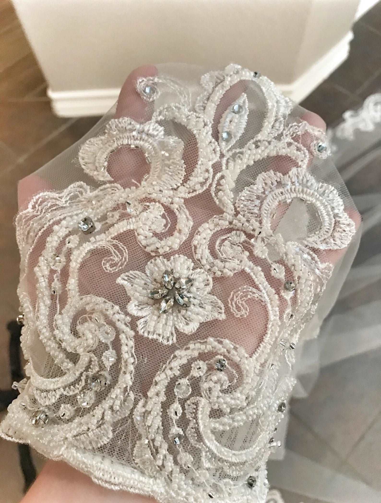Beaded Scroll Lace Royal Veil - A.Cherie Couture Shop