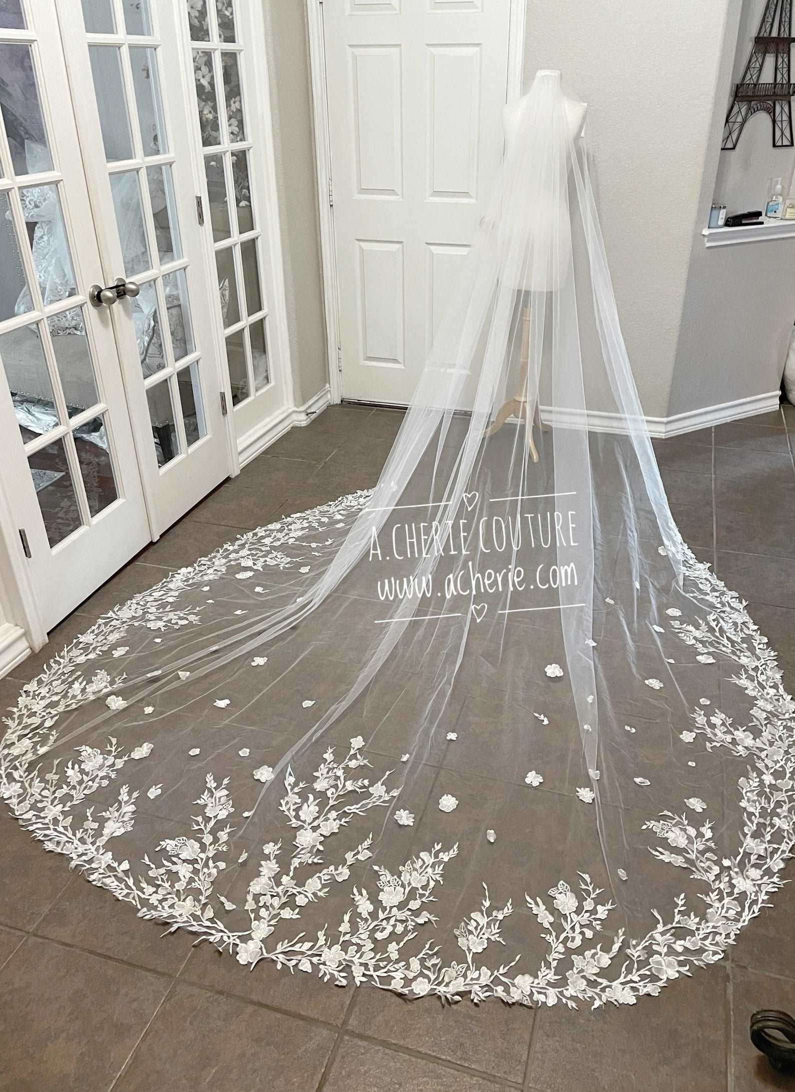 Floral Branch Lace with Scattered Flowers Royal Veil - A.Cherie Couture Shop