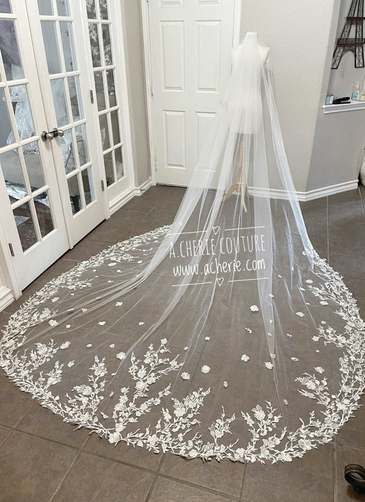 Floral Branch Lace with Scattered Flowers Royal Veil - A.Cherie Couture Shop
