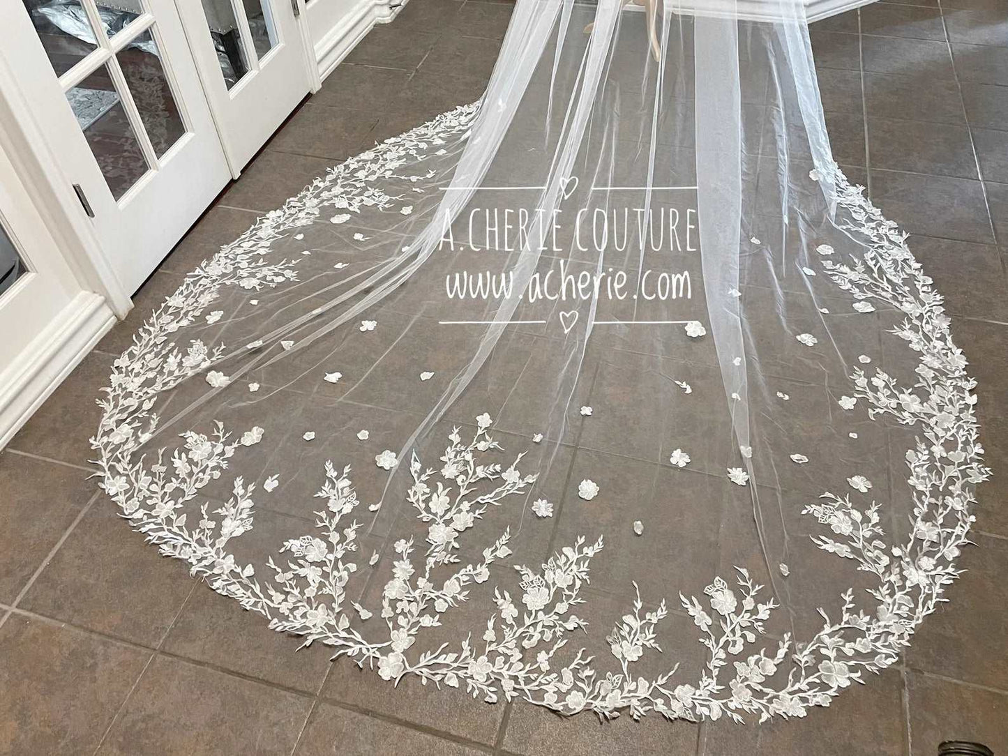 Floral Branch Lace with Scattered Flowers Royal Veil - A.Cherie Couture Shop