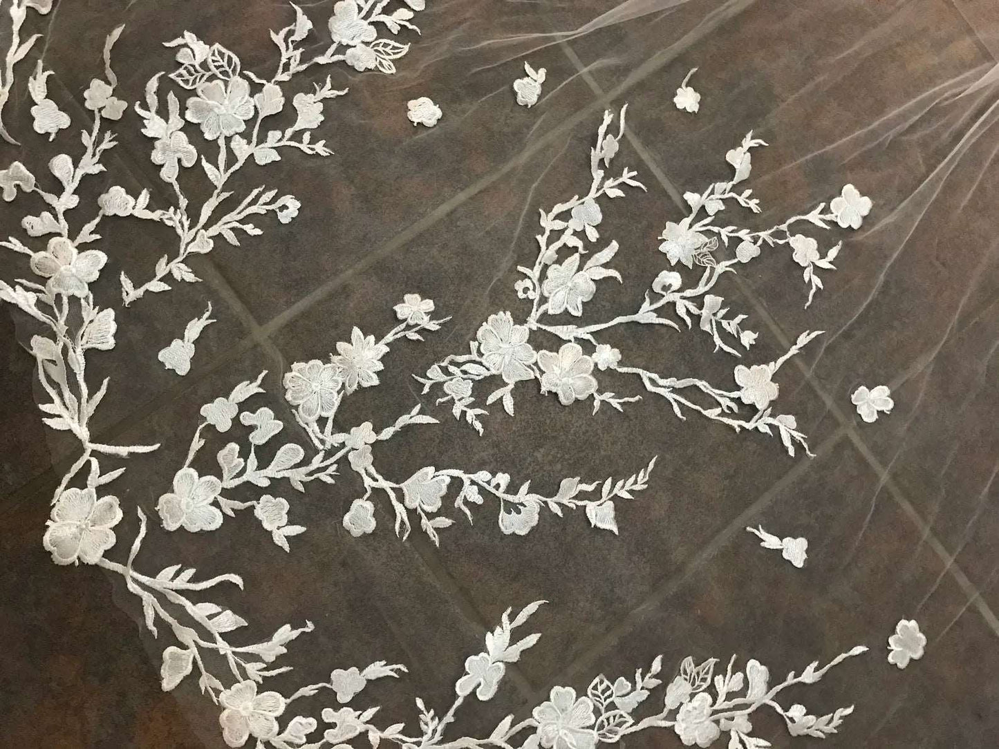 Floral Branch Lace with Scattered Flowers Royal Veil - A.Cherie Couture Shop