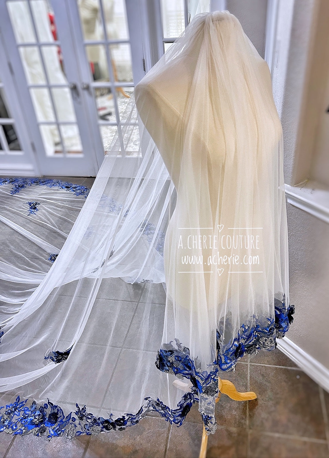 Style RV30 Colored Embroidered Floral Lace Royal Veil - A.Cherie Couture Shop