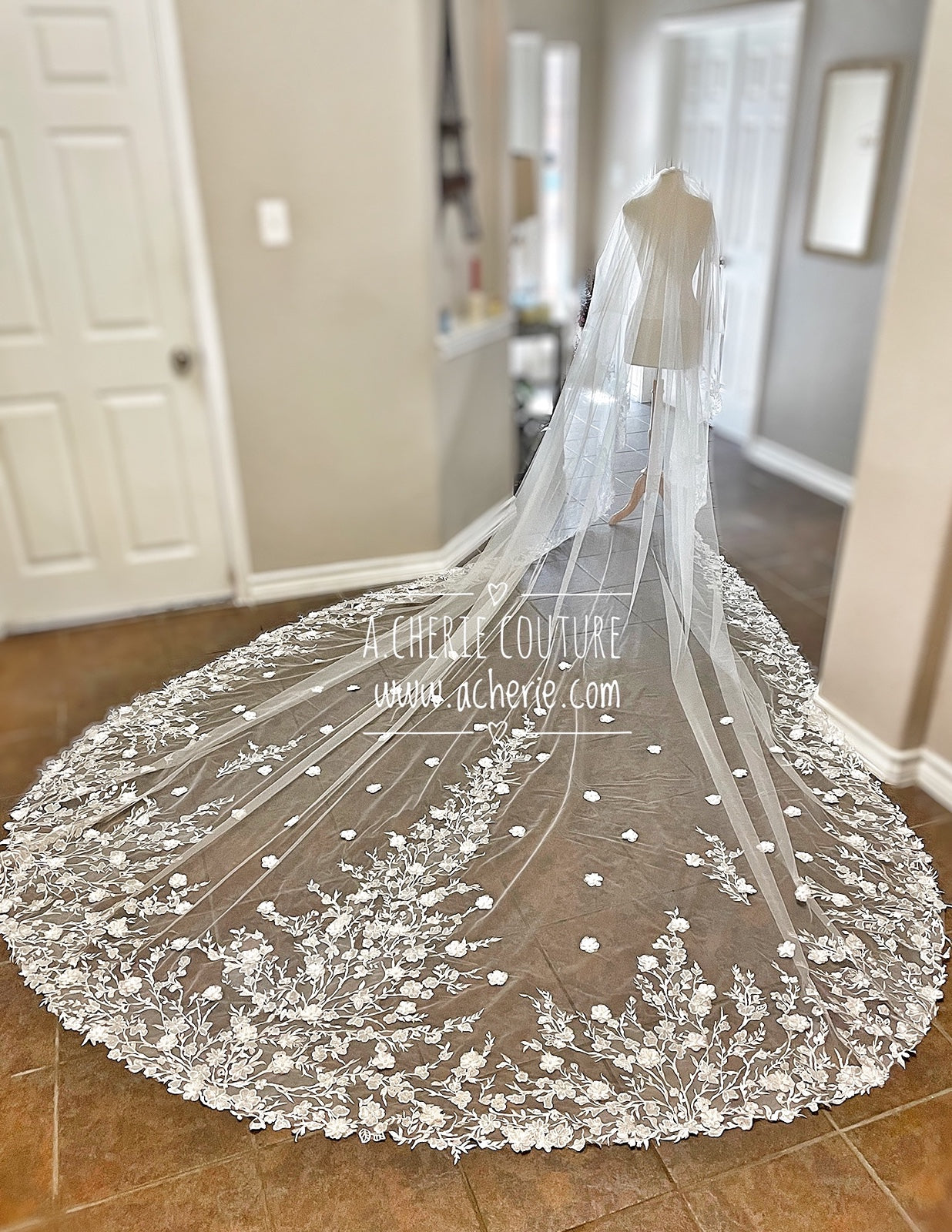 Style RV31 3D Floral Embroidered Lace Royal Veil - A.Cherie Couture Shop