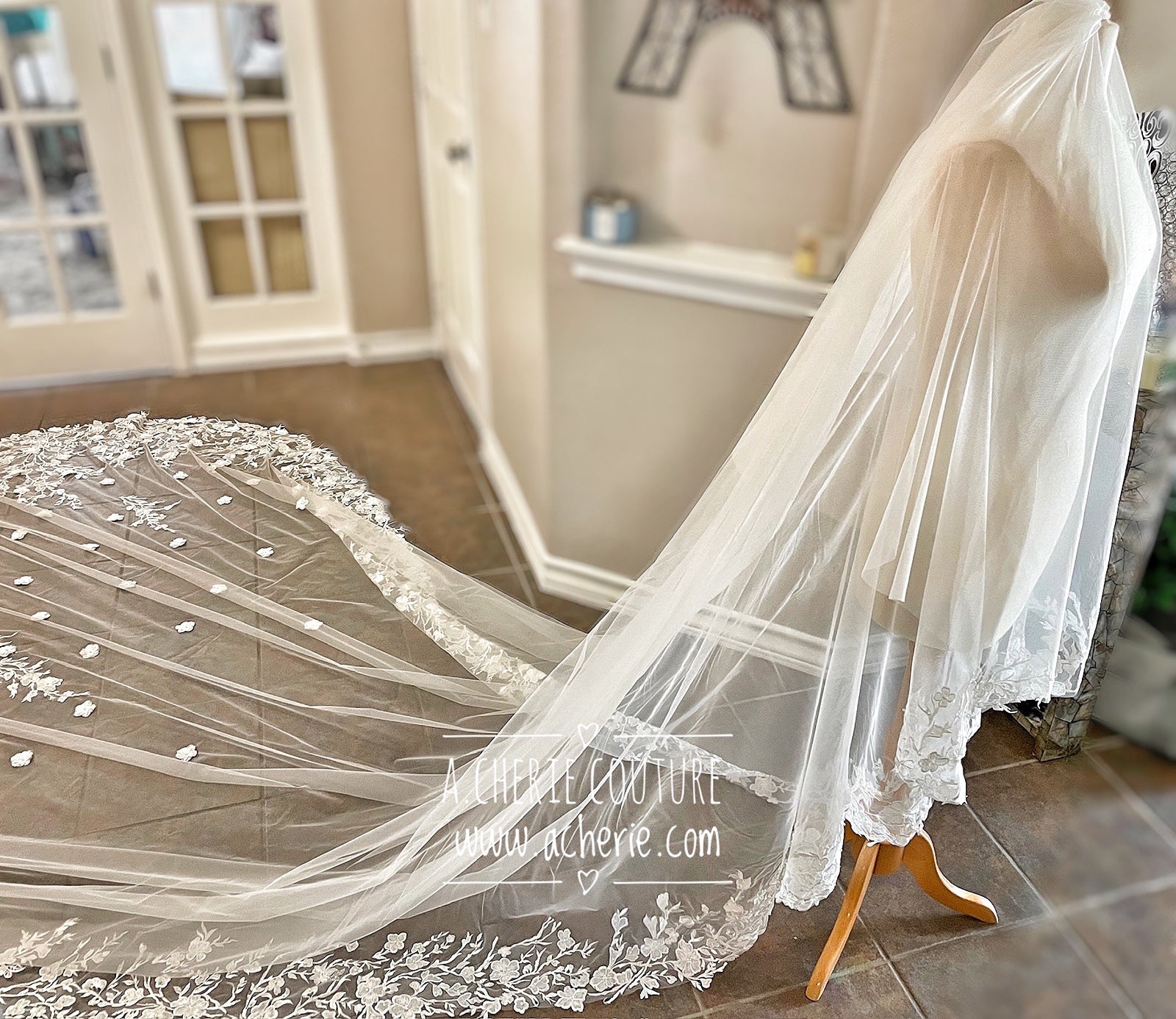 Style RV31 3D Floral Embroidered Lace Royal Veil - A.Cherie Couture Shop