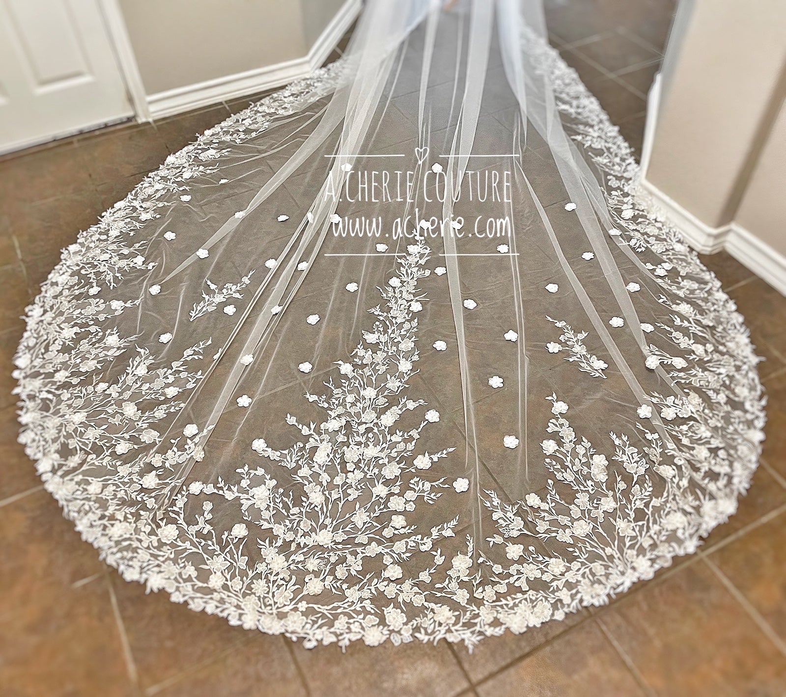 Style RV31 3D Floral Embroidered Lace Royal Veil - A.Cherie Couture Shop