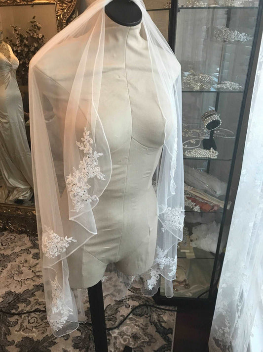 Beaded Floral Lace Short Veil - A.Cherie Couture Shop