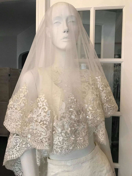 Beaded Wide Scroll & Floral Lace Short Veil - A.Cherie Couture Shop