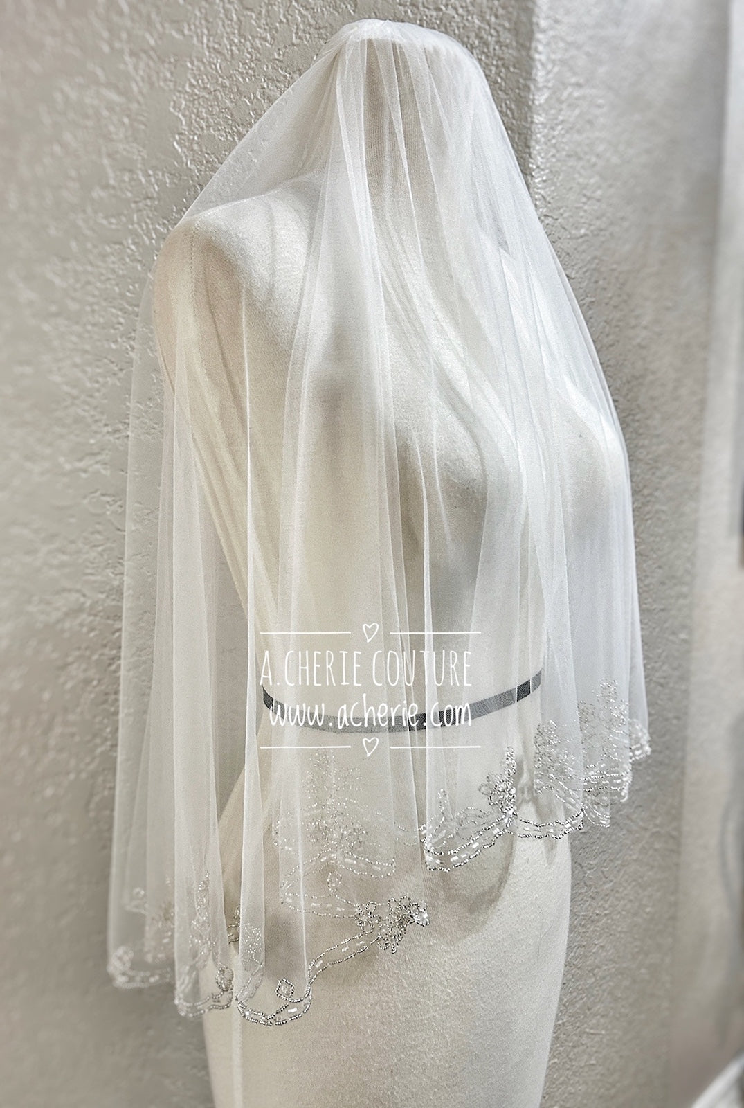 Style SV06 Beaded Floral Design Scalloped Edge Short Veil - A.Cherie Couture Shop