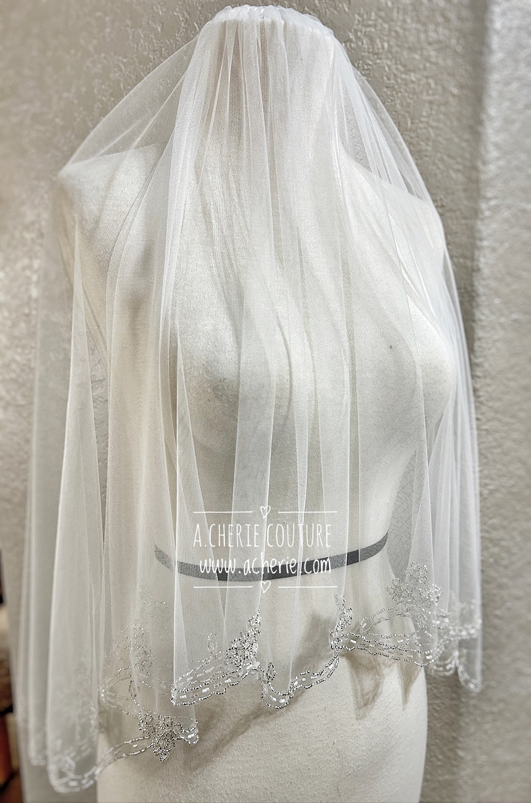 Style SV06 Beaded Floral Design Scalloped Edge Short Veil - A.Cherie Couture Shop