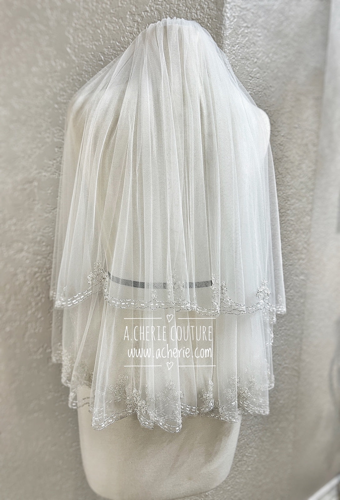 Style SV06 Beaded Floral Design Scalloped Edge Short Veil - A.Cherie Couture Shop