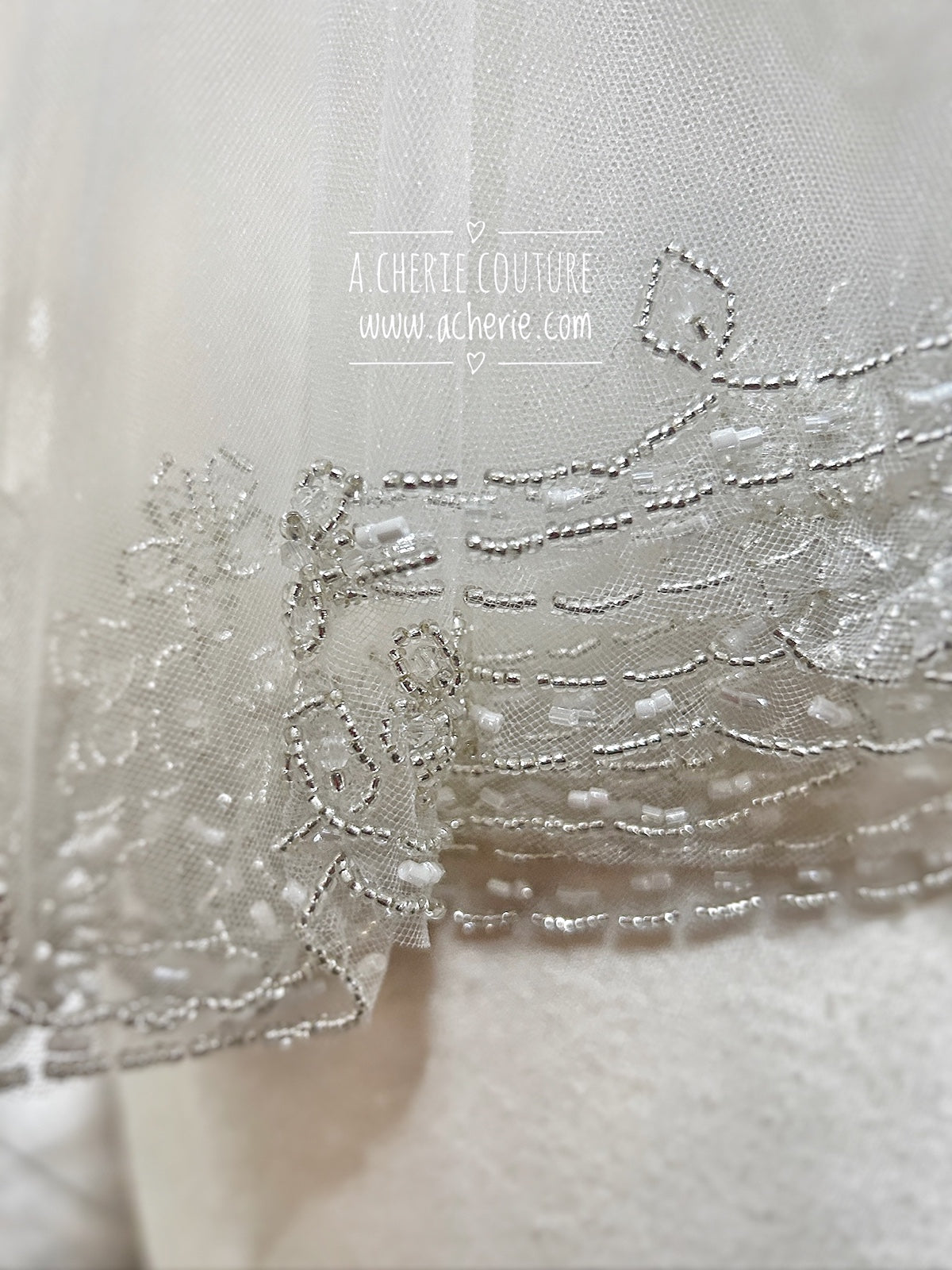 Style SV06 Beaded Floral Design Scalloped Edge Short Veil - A.Cherie Couture Shop
