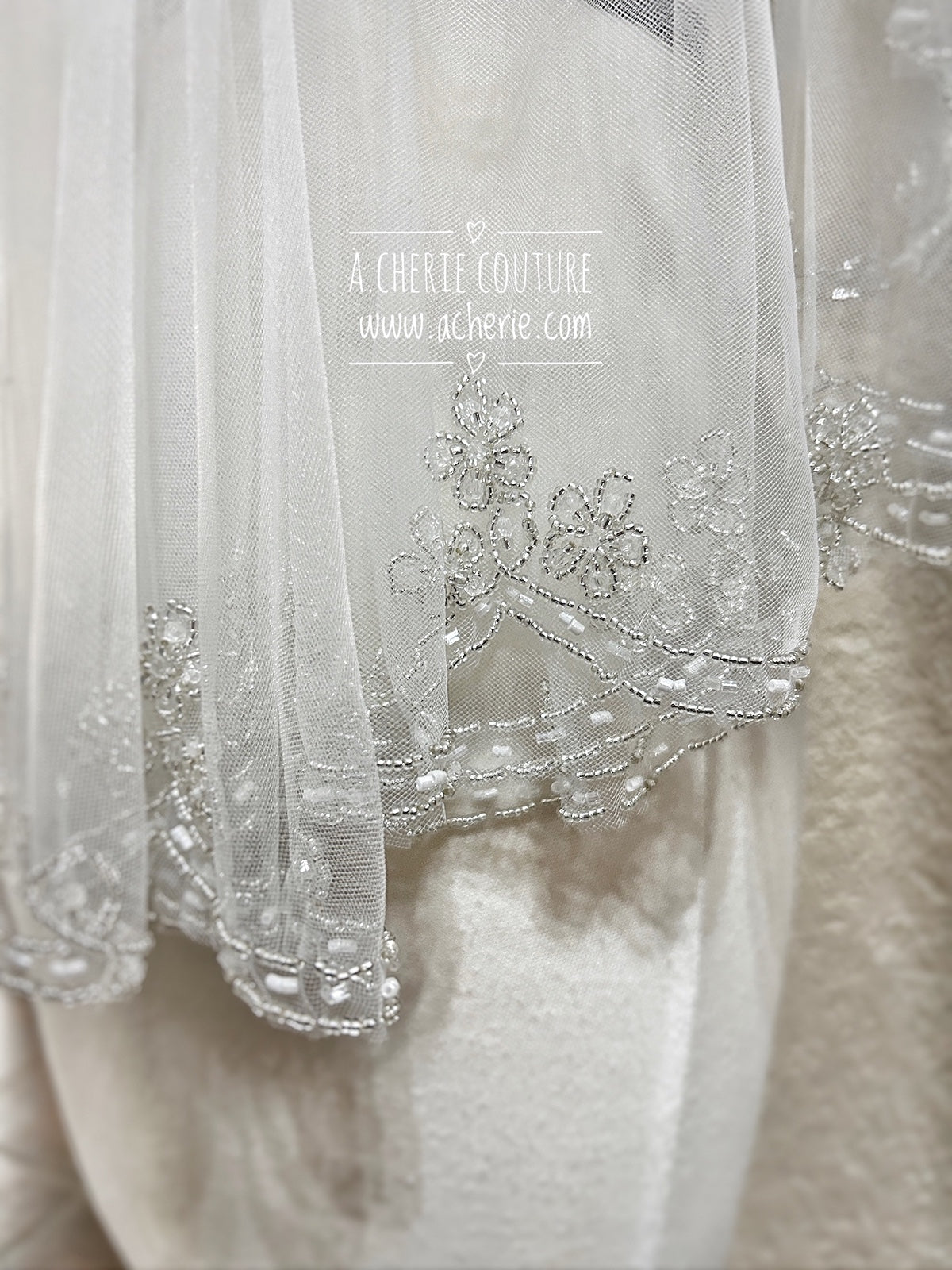 Style SV06 Beaded Floral Design Scalloped Edge Short Veil - A.Cherie Couture Shop