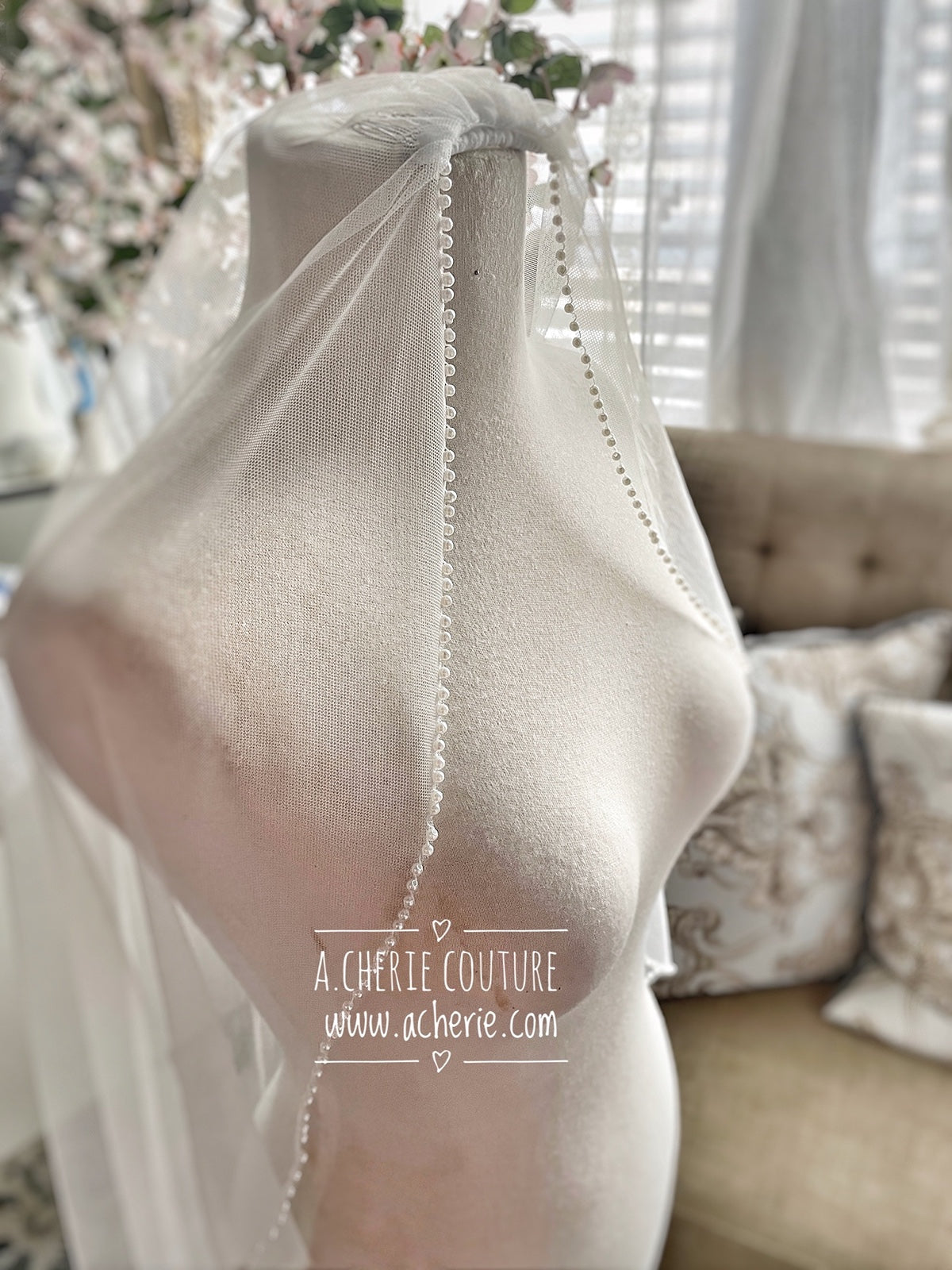 Style SV07 Pearl Beaded Edge Short Veil - A.Cherie Couture Shop