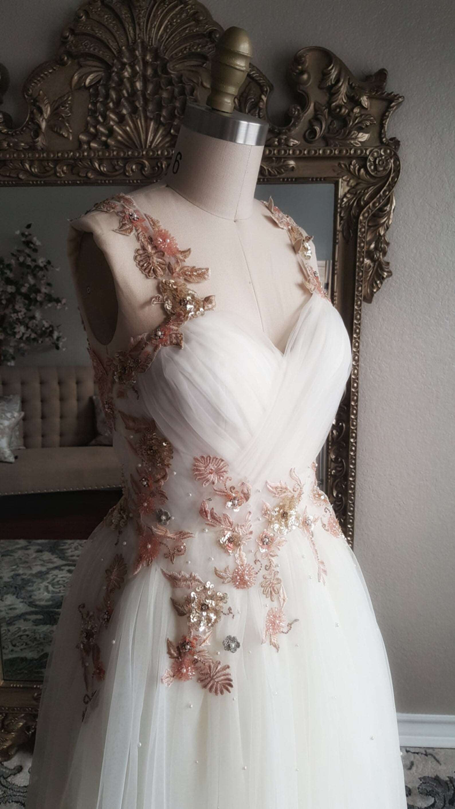 Gold & Blush Floral Embroidered Beaded A-Line Wedding Dress | Shop A.Cherie Light Ivory / US10 Gold & Blush Floral Embroidered Beaded A-Line Wedding Dress | Shop A.Cherie Light Ivory / US10