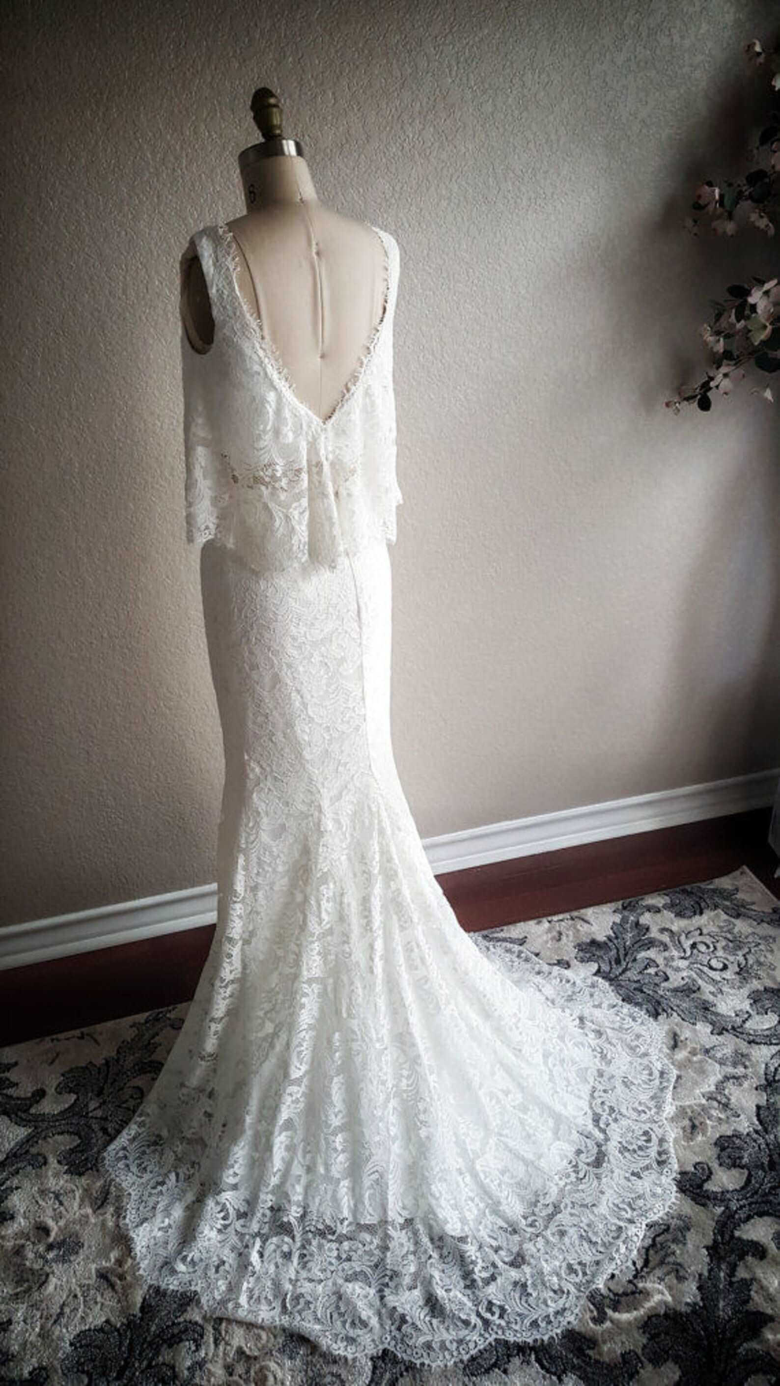 2 Piece Boho Style Lace Fit & Flare Wedding Dress | Shop A.Cherie Light Ivory / US16 2 Piece Boho Style Lace Fit & Flare Wedding Dress | Shop A.Cherie Light Ivory / US16