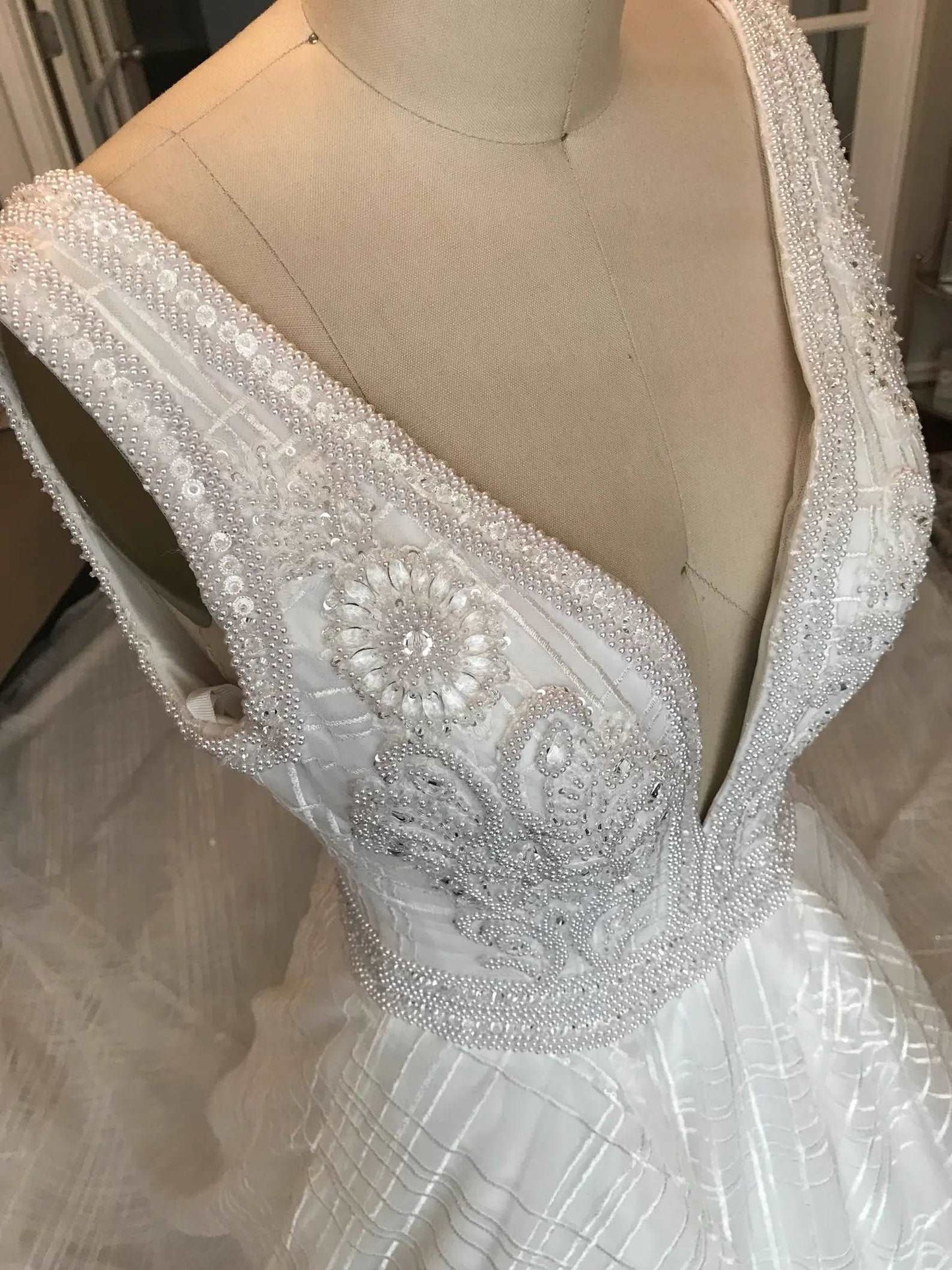 Plunge Neckline Beaded Full A-Line Wedding Dress Anastasia - A.Cherie Couture Shop