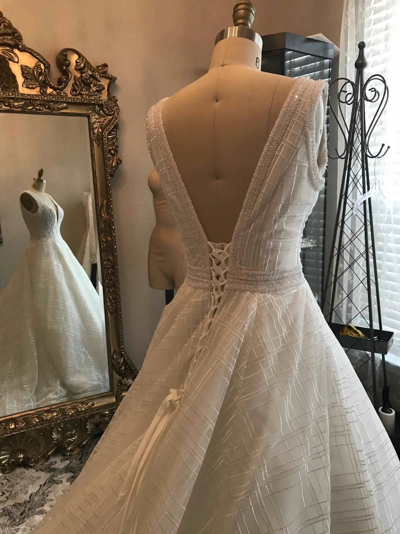 Plunge Neckline Beaded Bodice Full A-Line Wedding Dress