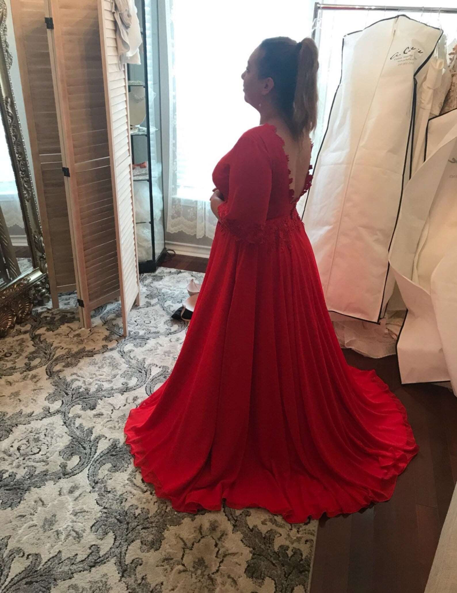 Floral Lace Chiffon Relaxed A-line Wedding Dress | Shop A.Cherie Custom Color / US22 Floral Lace Chiffon Relaxed A-line Wedding Dress | Shop A.Cherie Custom Color / US22