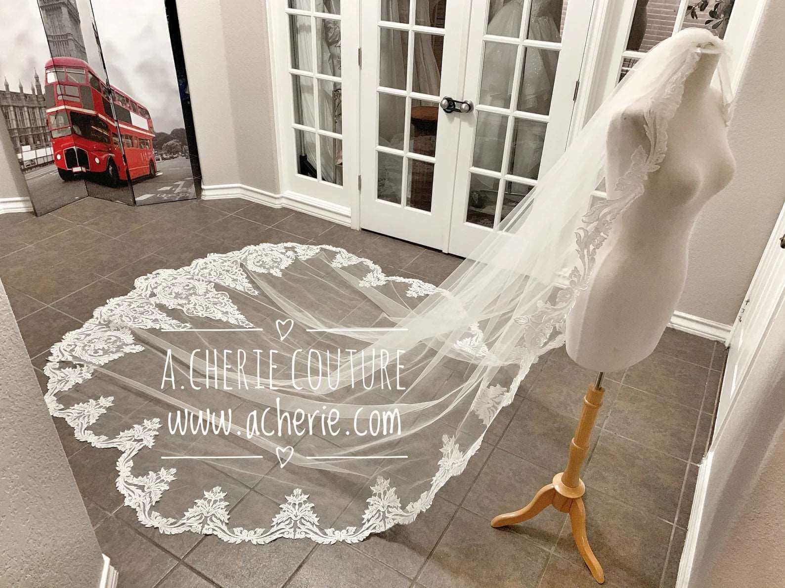 All Around Scalloped Sequin Leaf Scroll Lace Royal Veil - A.Cherie Couture Shop