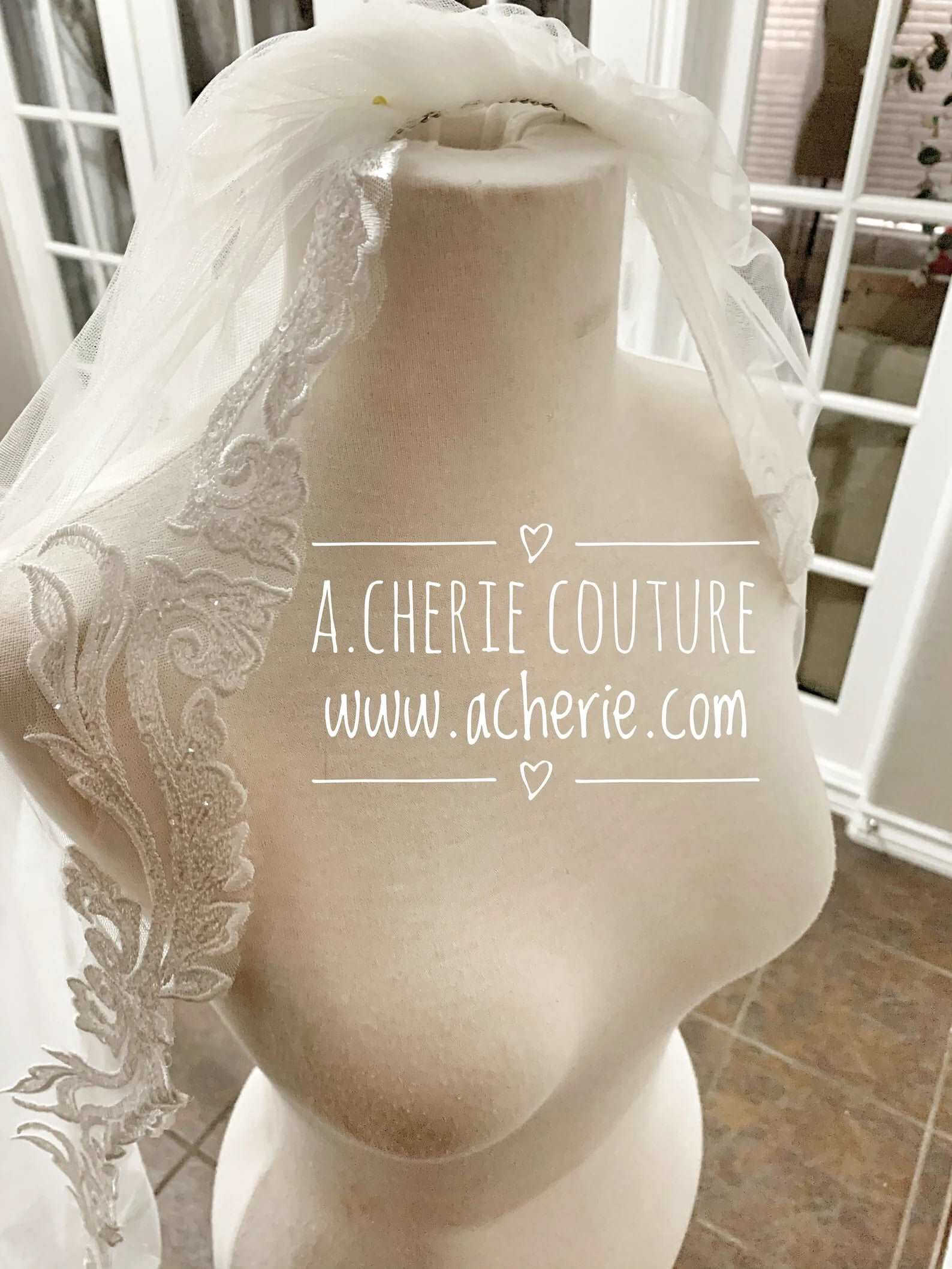 All Around Scalloped Sequin Leaf Scroll Lace Royal Veil - A.Cherie Couture Shop