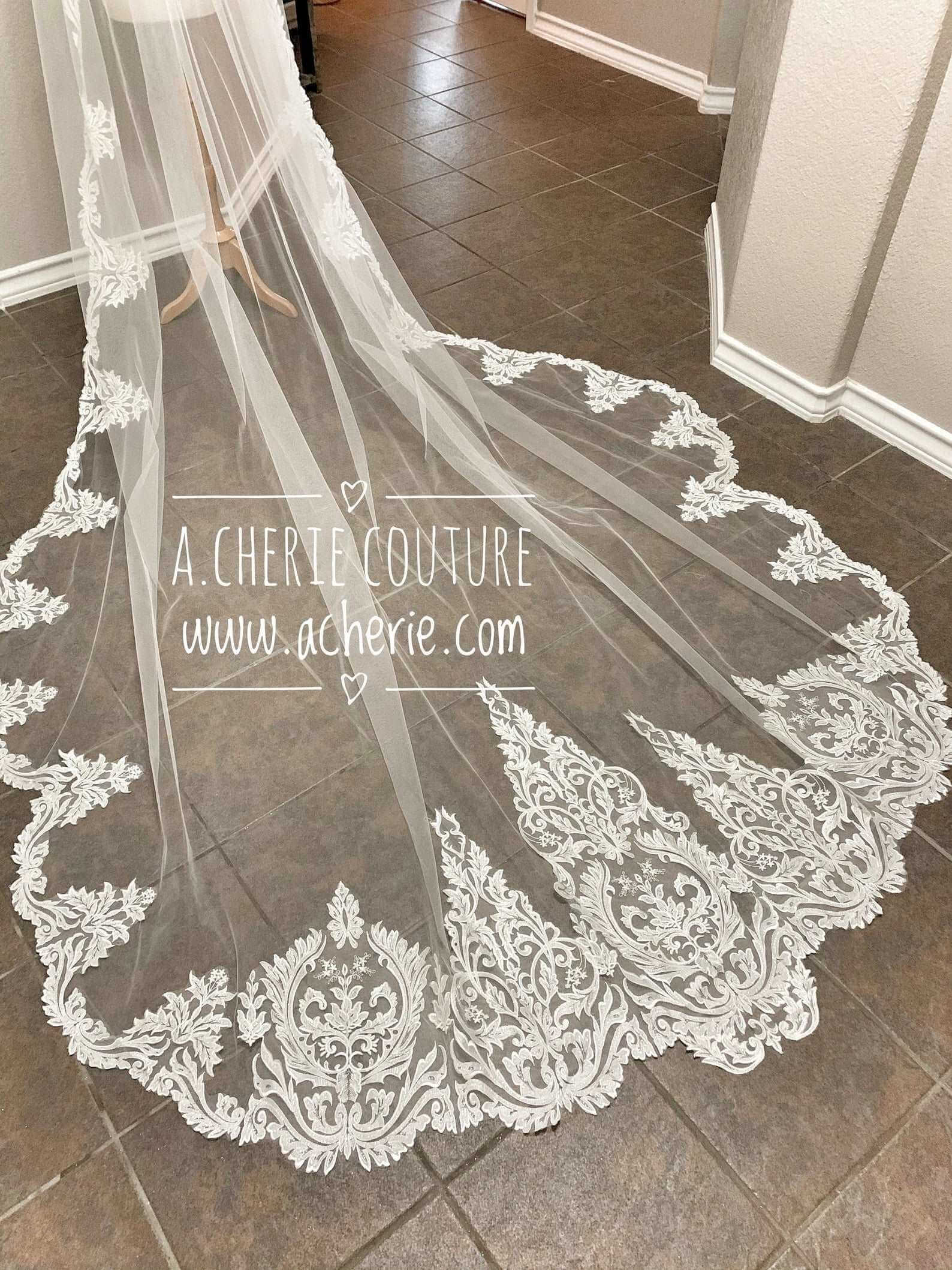 All Around Scalloped Sequin Leaf Scroll Lace Royal Veil - A.Cherie Couture Shop