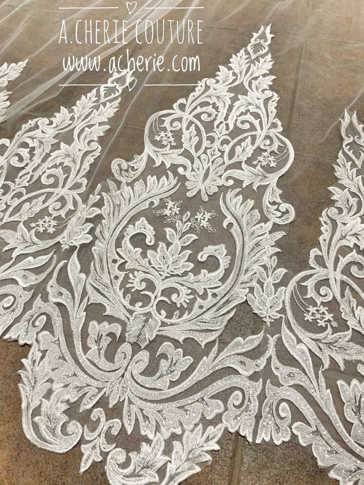 All Around Scalloped Sequin Leaf Scroll Lace Royal Veil - A.Cherie Couture Shop