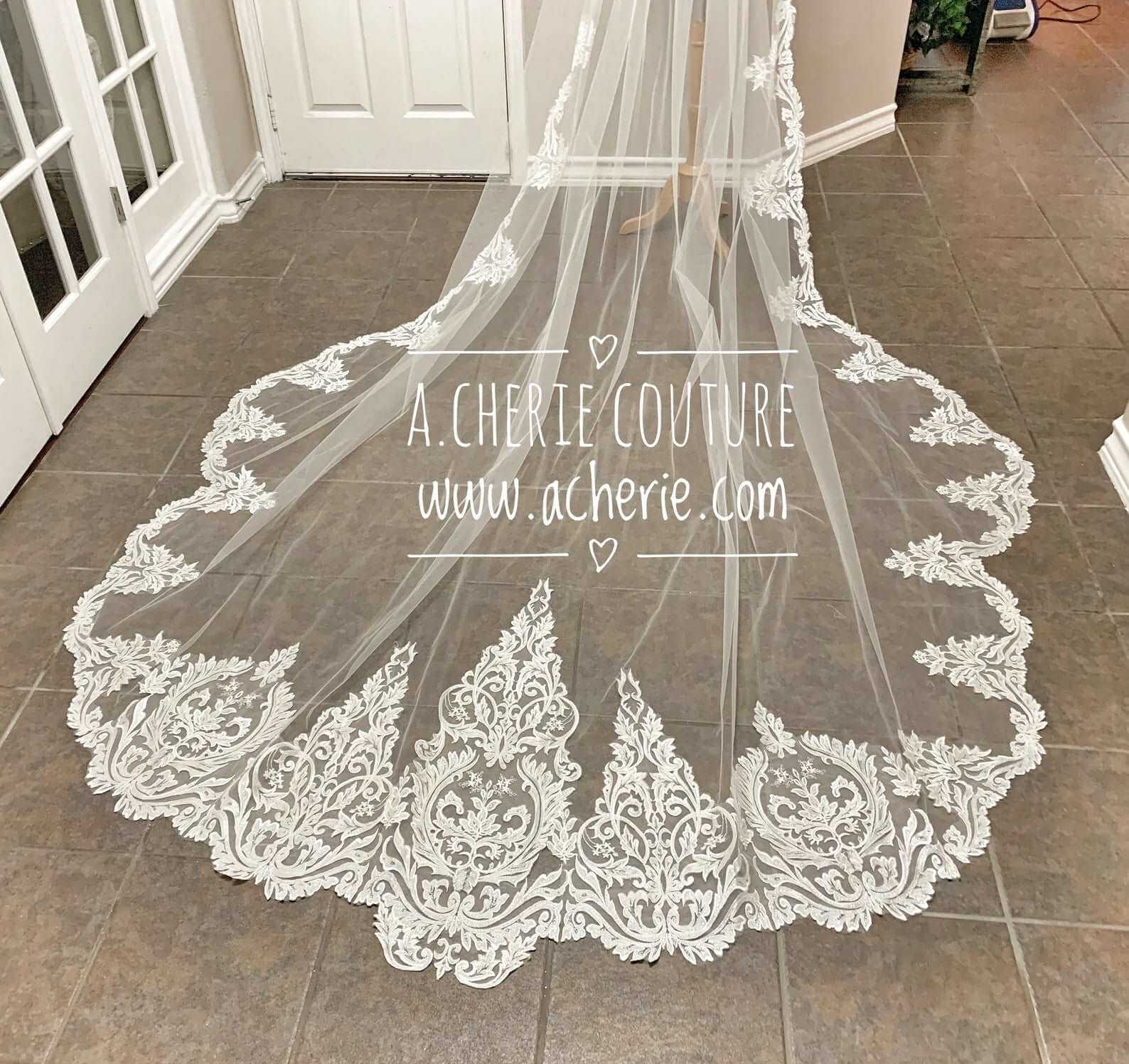 All Around Scalloped Sequin Leaf Scroll Lace Royal Veil - A.Cherie Couture Shop