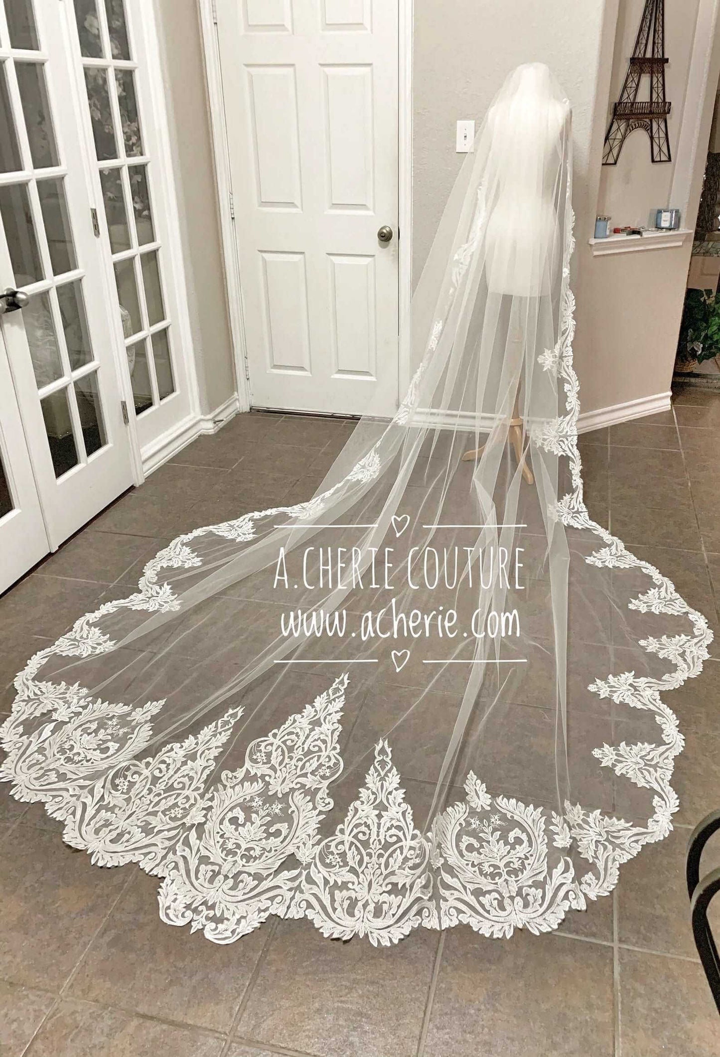 All Around Scalloped Sequin Leaf Scroll Lace Royal Veil - A.Cherie Couture Shop