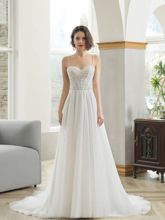 Ruched Bodice with Pearl Detailing A-Line Wedding Dress Avery - A.Cherie Couture Shop